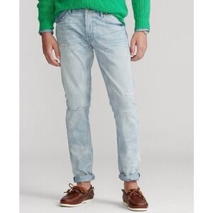 Polo Ralph Lauren Mens Varick Slim Straight Sun Faded Distressed Rope Dyed Jeans